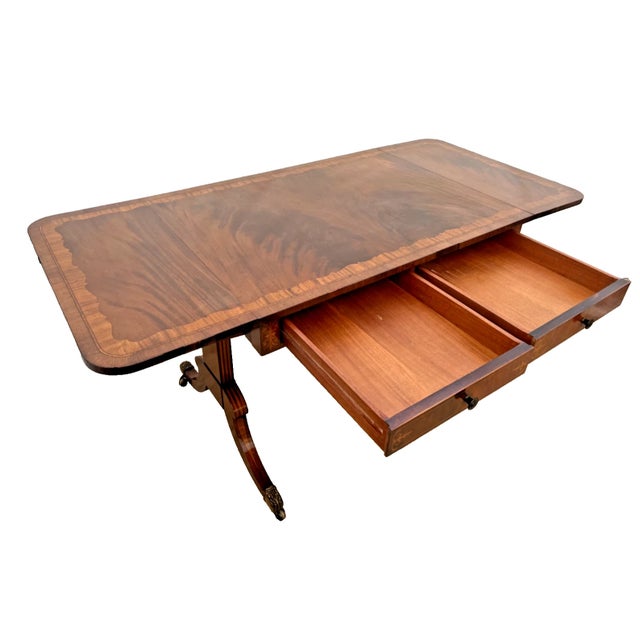 Antique Desk Serving Table Two Dovetail Drawers Drop Sides Banded Mahogany Inlay For Sale In Palm Springs - Image 6 of 14