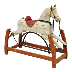 Antique Victorian White & Red Painted Carved Wood Rocking Horse Glider Childs Toy
