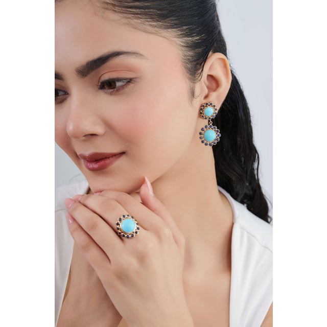 Metal VRJewels 20.43ct Turquoise Sapphire 14k Yellow Gold Floral Navajo Drop Earrings- A Pair For Sale - Image 7 of 18