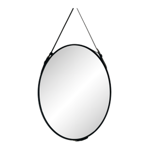 Black Faux Leather Strap Oval Mirror