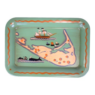 Tony Sarg Nantucket Map W/ Clipper Ship & Whale Green Catchall Tray For Sale