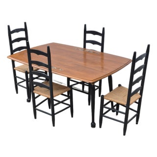 Mid-20th Century Hitchcock Style Drop-Leaf Maple Dining Table With 4 Ladderback Rush Seat Dining Chairs - 5 Pieces For Sale