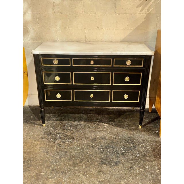 Black Vintage French Louis XVI Jansen Style Black Lacquered Chest For Sale - Image 8 of 13