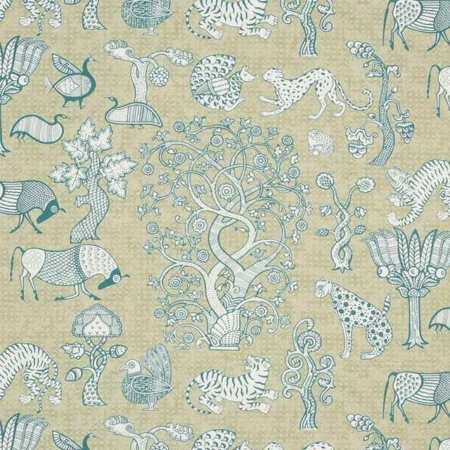 Sample - Schumacher Animalia Fabric in Peacock & Leaf For Sale