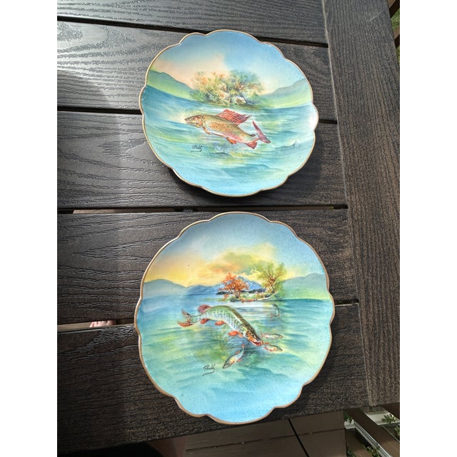 Sky Blue Mid 20th Century Limoges Handpainted and Signed Game Fish Porcelain Plates Set of 2 For Sale - Image 8 of 12
