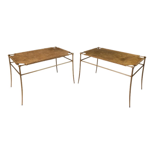 Set of 2 Petite Mid-Century Modern Accent Benches in Animal Hide & Leather After Robsjohn-Gibbings, Usa, Circa 1980s For Sale
