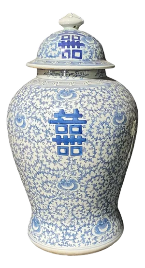 Vintage Large Chinese Blue & White Porcelain Double Happiness Jar