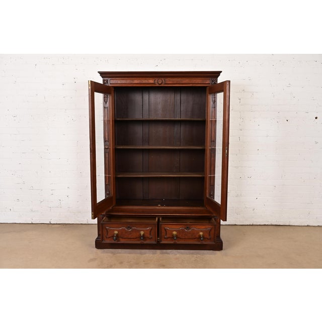Late 19th Century Herter Brothers Style Antique Eastlake Victorian Carved Walnut and Burl Wood Bookcase, Circa 1880s For Sale - Image 5 of 14