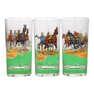 Set X 3 Paul Brown Hand Painted Harness Scene Highball Cocktail Glasses For Sale