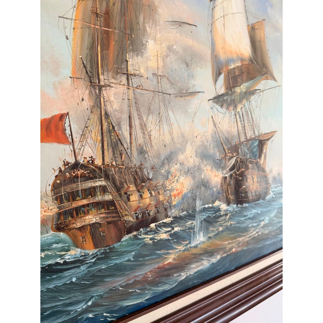 Large vintage oil on canvas by maritime artist J. Harvey, depicting a dramatic naval battle at sea. Two warships dominate...