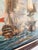 Large vintage oil on canvas by maritime artist J. Harvey, depicting a dramatic naval battle at sea. Two warships dominate...