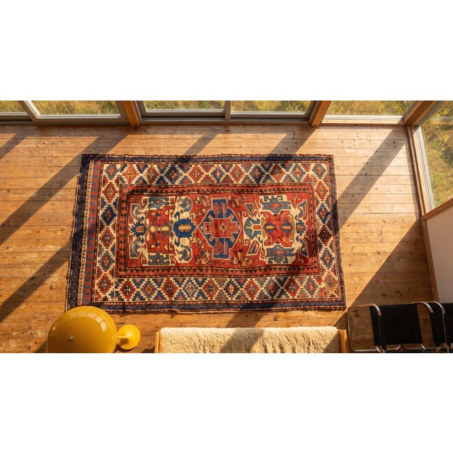 1880s Red Geometric Tribal Antique Caucasian Kazak Rug 4'7"x 6'6" Knotted Wool Carpet For Sale - Image 10 of 12
