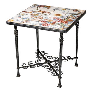 Wrought Iron Side Table with Painted Tiles, 1960s For Sale
