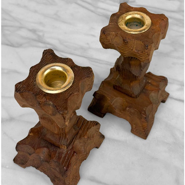 Vintage Brutalist Tiki Carved Wood Candlestick Holders - A Pair For Sale - Image 6 of 8