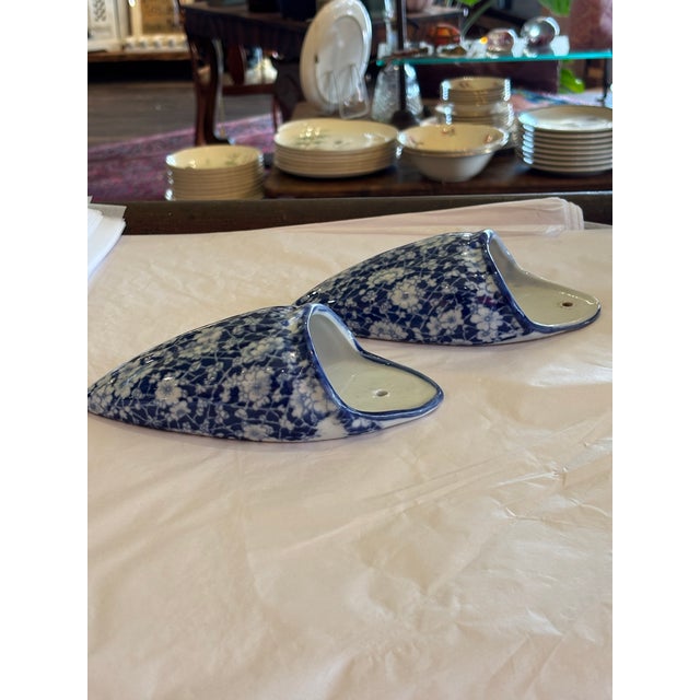 Blue Pair of Blue and White Glazed Ceramic Floral Wall Pockets For Sale - Image 8 of 10