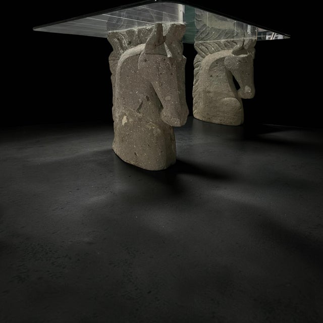 1980s Vintage Custom Chisled Stone/Concrete Horse Head, Glass Top Desk/Table For Sale - Image 5 of 13