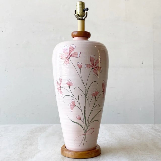 Ceramic Mid Century Modern Pink Floral Table Lamp For Sale - Image 7 of 7