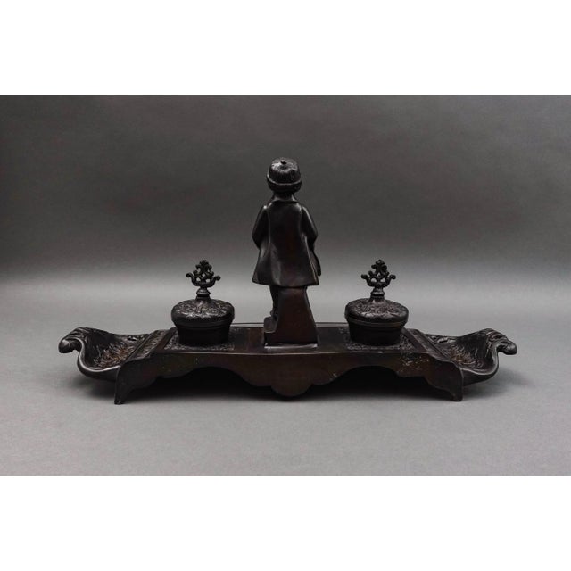 Mid-Century Modern Maitland-Smith Vintage Ornate Heavy Cast Bronze Desk Double Inkwell With Child For Sale - Image 3 of 8