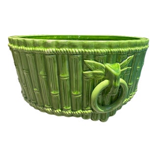 Large Early 20th Century Mottahedeh Designs Green Bamboo Ceramic Cachepot – Made in Italy For Sale