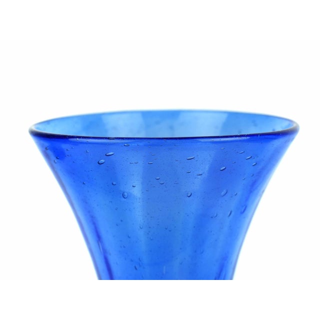 Mid-Century Modern Mid-Century Modern Hand-Blown Cobalt Blue Seeded "Biot" Style Art Glass Flared Vase For Sale - Image 3 of 7