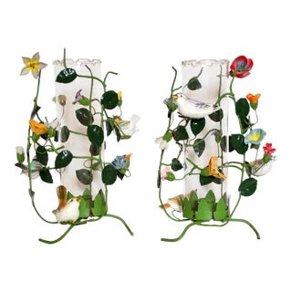 Italian Flower Tole Candle Holders With Birds & Glass Hurricane Globes, a Pair For Sale