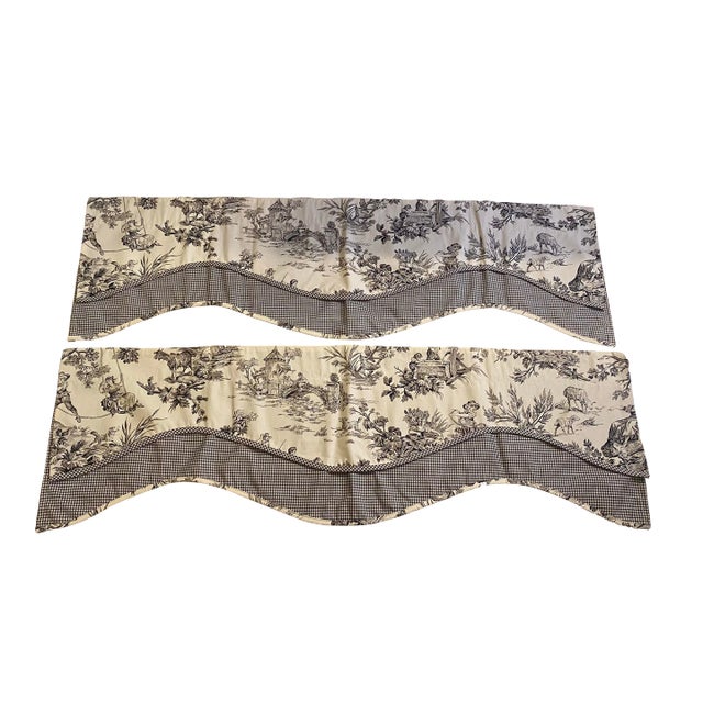Vintage Waverly Black & White Toile Curtain Valances- a Pair For Sale