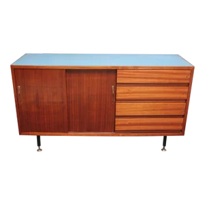 Mid-Century Italian Modern Mahogany Credenza With Blue Laminate Surface