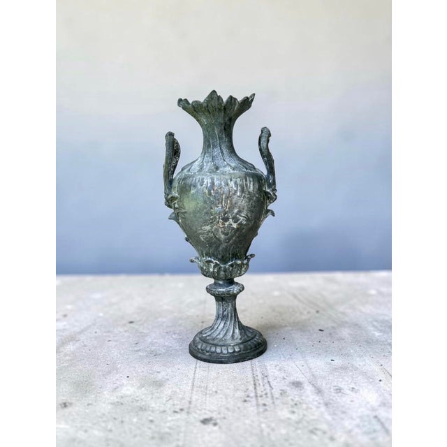 Dark Gray Antique French Art Nouveau Neoclassical Spelter Urn With Cherub & Maiden Relief, Paris For Sale - Image 8 of 8