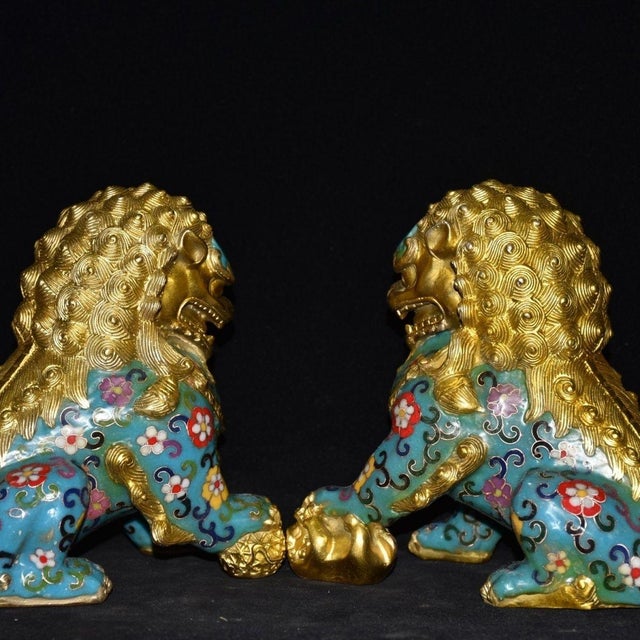 Metal Pair of Vintage Cloisonné Gilt Bronze Guardian Lion Statues With Turquoise Enamel For Sale - Image 7 of 11