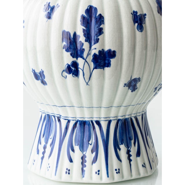 Antique Hand-Painted Chinoiserie Blue and White Ceramic Table Lamp with Silk Shade from Royal Delft, 1924 For Sale - Image 6 of 13