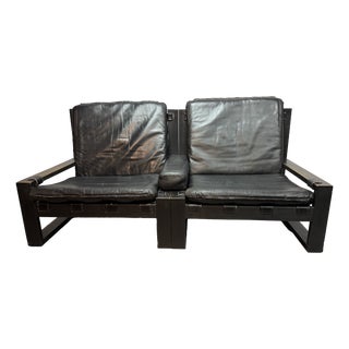 Mid-Century Brutalist Black Leather Lounge Chairs with Black Wooden Frames by Sonja Wasseur, Netherlands, 1970s, Set of 2 For Sale