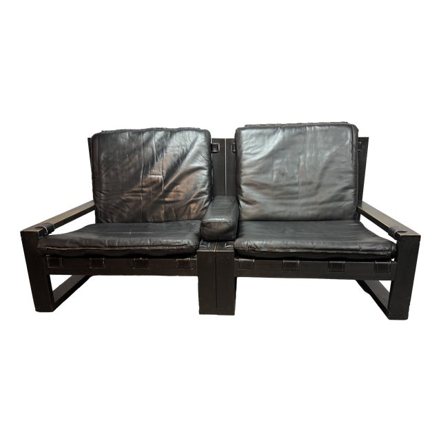 Mid-Century Brutalist Black Leather Lounge Chairs with Black Wooden Frames by Sonja Wasseur, Netherlands, 1970s, Set of 2 For Sale