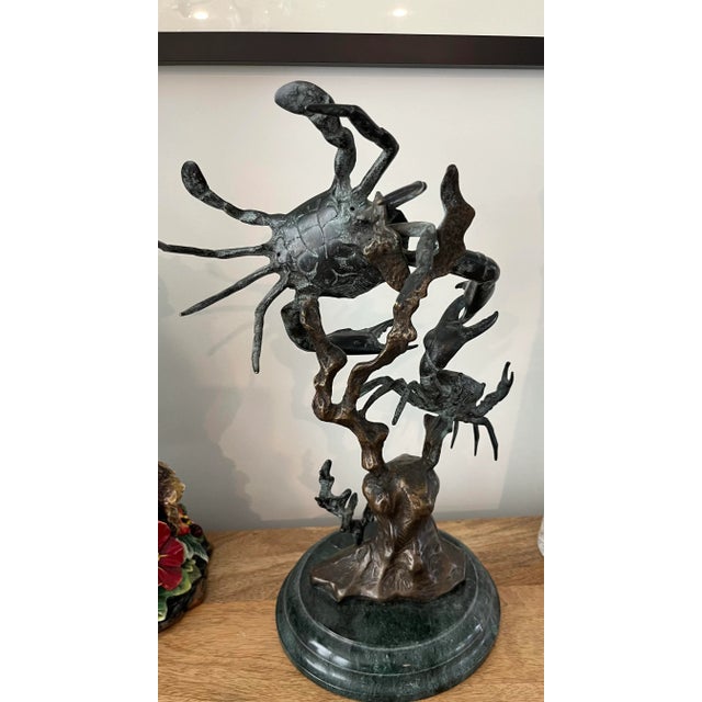Fighting Bluepoint Crab Brass Sculpture on Green Marble Base For Sale - Image 10 of 11