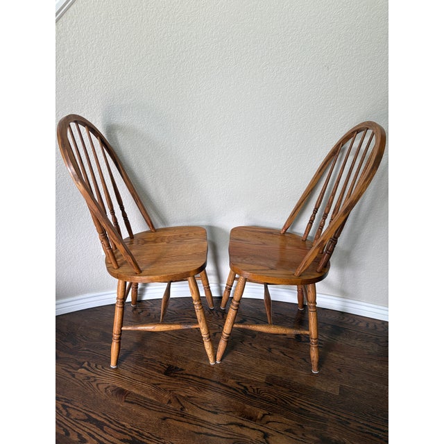 American Pair of Mid-Century h.w. Hull & Sons Solid Oak Windsor Dining Chairs For Sale - Image 3 of 17