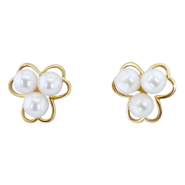 Three Pearl Cluster with Gold Frame Studs, 2 Pieces For Sale