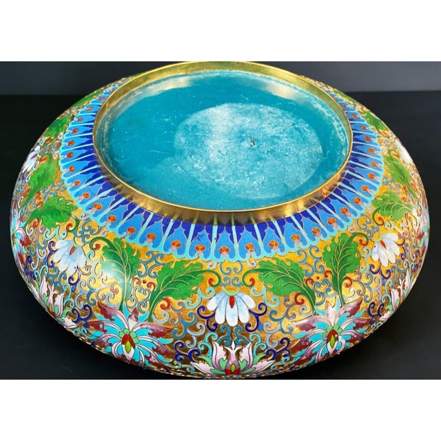 Late 20th Century Large Vintage Chinese Cloisonné Lotus Bowl on Carved Wood Stand, 14 Inches For Sale - Image 5 of 8