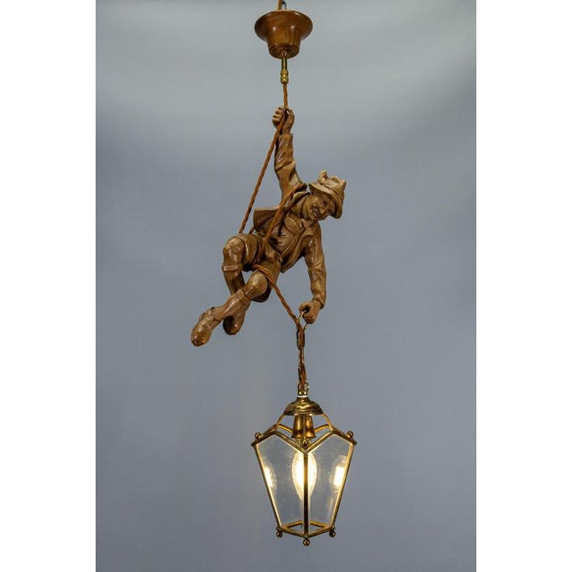 German Carved Linden Wood Mountaineer with Brass Lantern, 1950s For Sale - Image 3 of 18