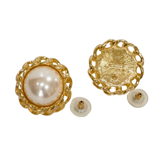 1980s 1980s Gorgeous Glass Pearl Gold Plated Chain Trim Earrings, 2 Pieces For Sale - Image 5 of 5
