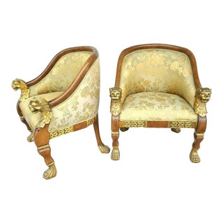 Asian Chinoiserie Carved Foo Dog Club Chairs - Set of 2 For Sale