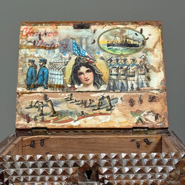 Wood Antique Chip Carved 5 Layer Tramp Art Box With Yankee Victors Collage For Sale - Image 7 of 12