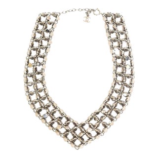 Chanel Rock Stud Silver 3 Row Metal Link v Necklace Signed 1990's For Sale