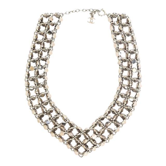 Chanel Rock Stud Silver 3 Row Metal Link v Necklace Signed 1990's For Sale