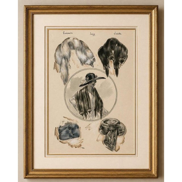 Title: french art nouveau fashion design with fur stoles and elegant lady, c.1910 description: charming early 20th-century...