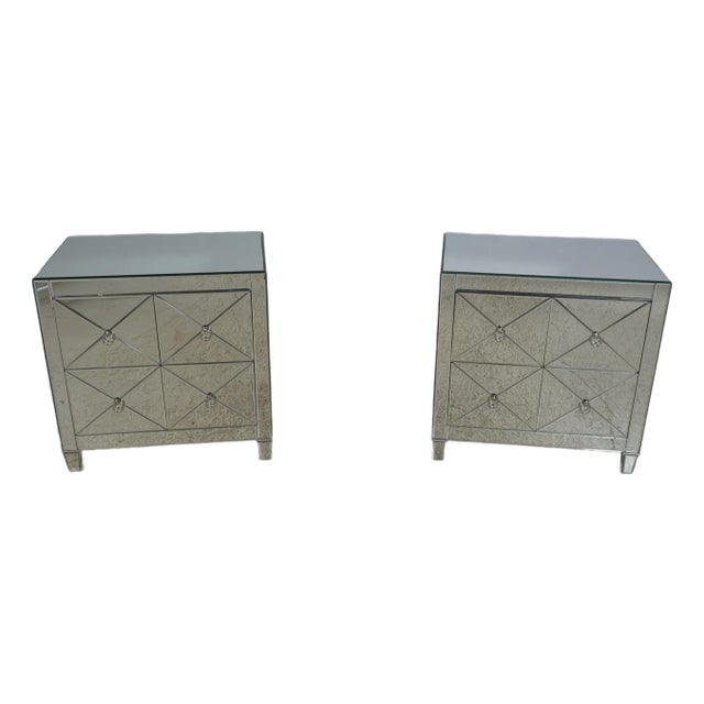 1980s Pair of Maitland Smith Beveled Mirror Clad 4 Drawer Nightstands For Sale