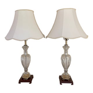 Mid 20th Century Elegant Cut Crystal and Brass Lamps With White Silk Shades and Mahogany Base - a Pair For Sale