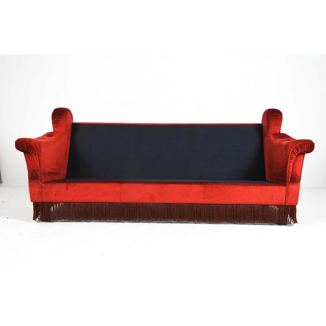 1960s Vintage Scandinavian Red Velour Three-Seat Sofa With Beech Feet For Sale - Image 9 of 10