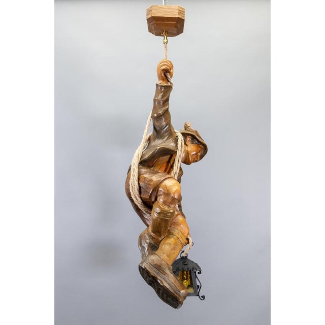 Large German Black Forest Carved Wood Mountaineer with Lantern, 1950s For Sale - Image 14 of 18