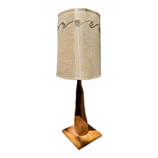 Vintage Mid-Century Teak Sculptural Table Lamp With Textured Cylinder Shade For Sale