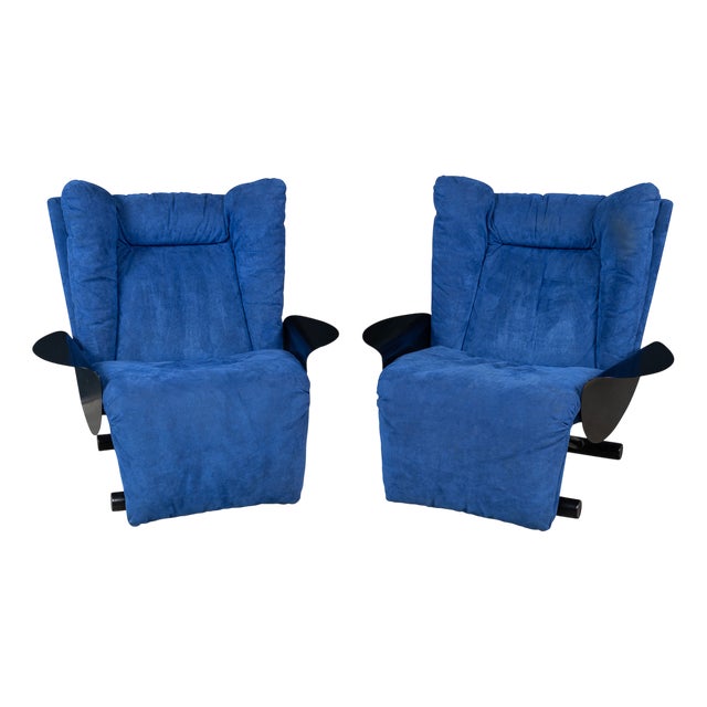 20th Century Italian Blue Alcantara Leather Reclining Armchairs from Cinova,1980s, Set of 2 For Sale