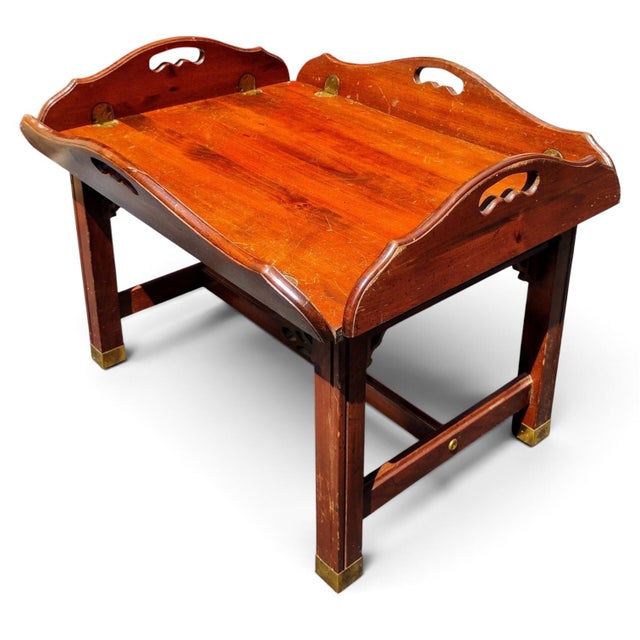 Wood Classic Baker Brass Hardware Chippendale Butler's Tray Coffee Table With Hinged Drop-Down Leaves For Sale - Image 7 of 8